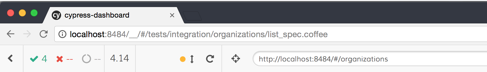 Url address bar shows localhost:8484/__tests/integration/organizations/list_spec.coffee